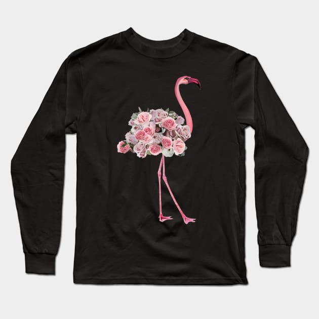 Pink Flamingo and pink flowers roses Long Sleeve T-Shirt by Collagedream